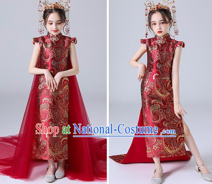 China Children Classical Dance Qipao Dress Compere Trailing Red Dress Girl Catwalks Clothing Stage Performance Garment Costume