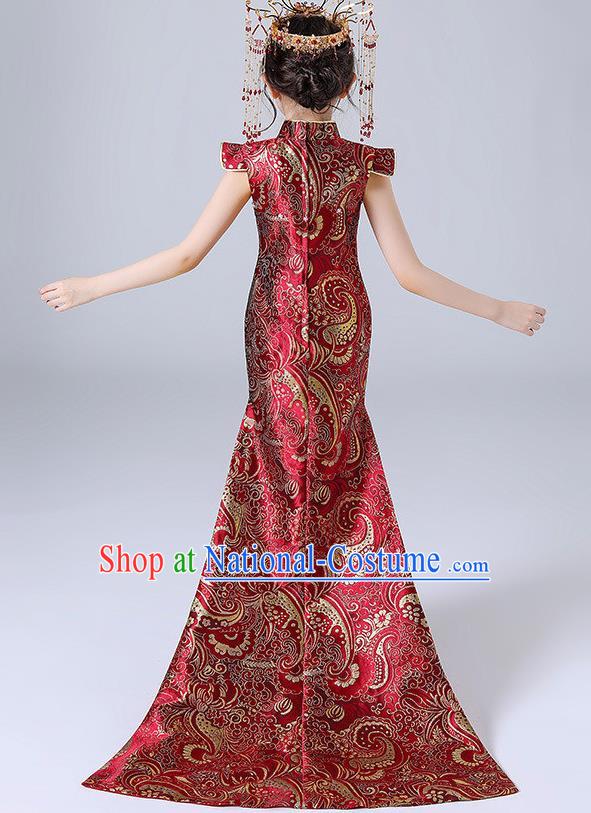 China Children Classical Dance Qipao Dress Compere Trailing Red Dress Girl Catwalks Clothing Stage Performance Garment Costume