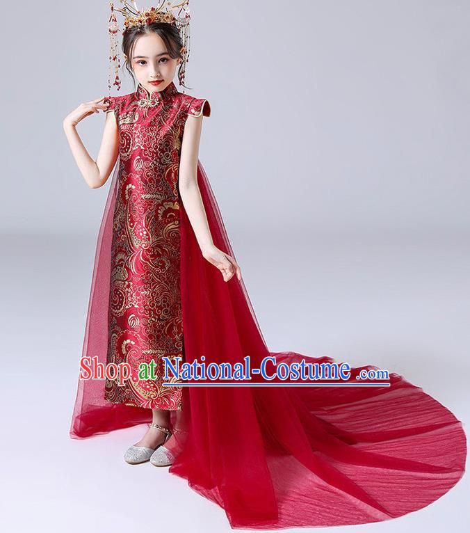 China Children Classical Dance Qipao Dress Compere Trailing Red Dress Girl Catwalks Clothing Stage Performance Garment Costume