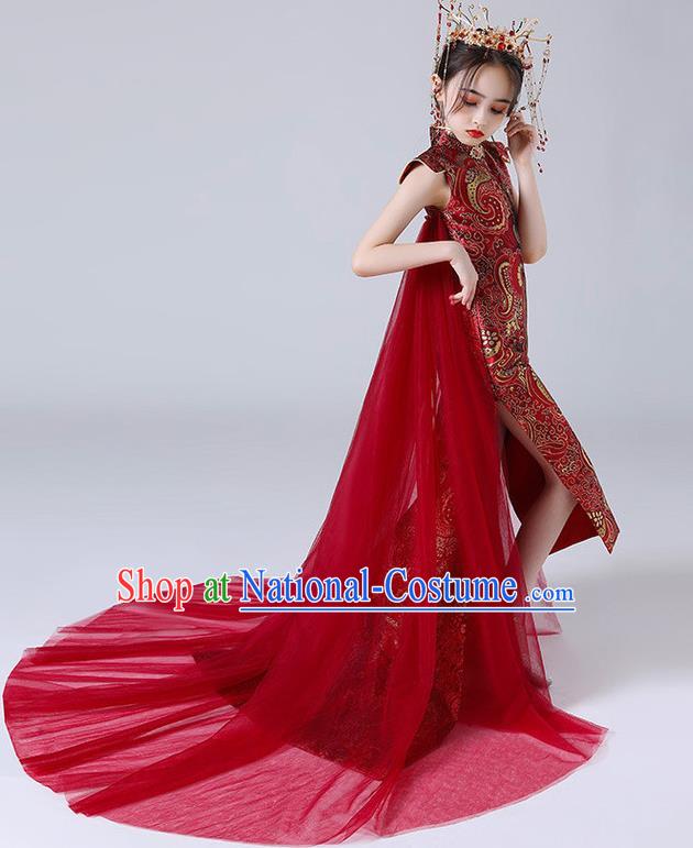 China Children Classical Dance Qipao Dress Compere Trailing Red Dress Girl Catwalks Clothing Stage Performance Garment Costume