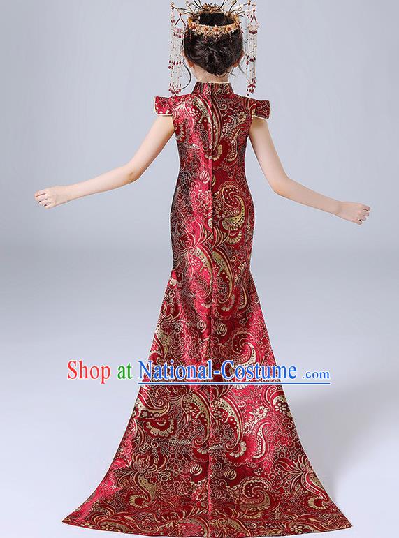 China Children Classical Dance Qipao Dress Compere Trailing Red Dress Girl Catwalks Clothing Stage Performance Garment Costume