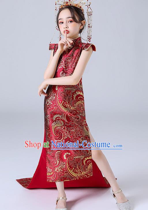 China Children Classical Dance Qipao Dress Compere Trailing Red Dress Girl Catwalks Clothing Stage Performance Garment Costume