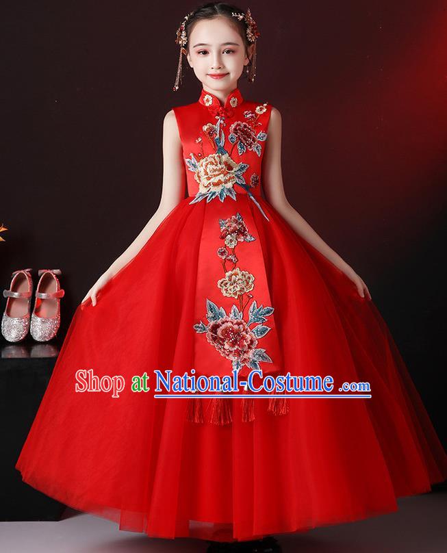 China Stage Performance Garment Costume Children Classical Dance Red Dress Compere Dress Girl Catwalks Clothing