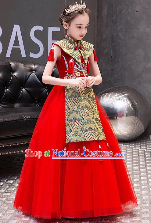 China Girl Catwalks Clothing Stage Performance Garment Costume Children Classical Dance Dress Compere Red Veil Dress