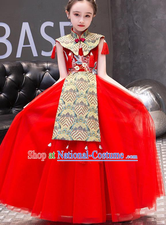 China Girl Catwalks Clothing Stage Performance Garment Costume Children Classical Dance Dress Compere Red Veil Dress