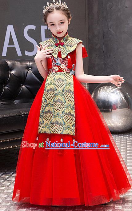 China Girl Catwalks Clothing Stage Performance Garment Costume Children Classical Dance Dress Compere Red Veil Dress