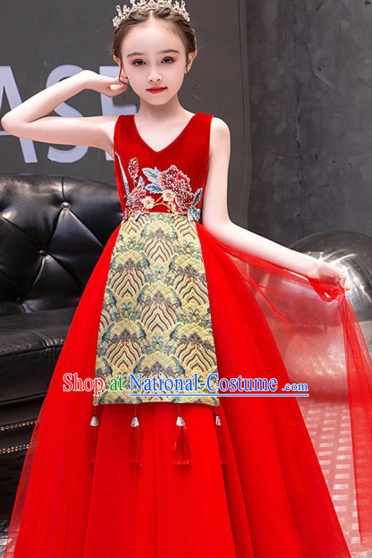 China Girl Catwalks Clothing Stage Performance Garment Costume Children Classical Dance Dress Compere Red Veil Dress