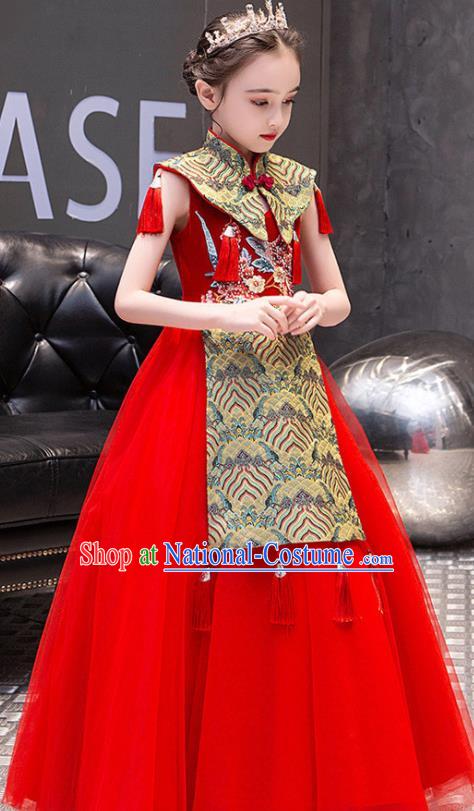 China Girl Catwalks Clothing Stage Performance Garment Costume Children Classical Dance Dress Compere Red Veil Dress