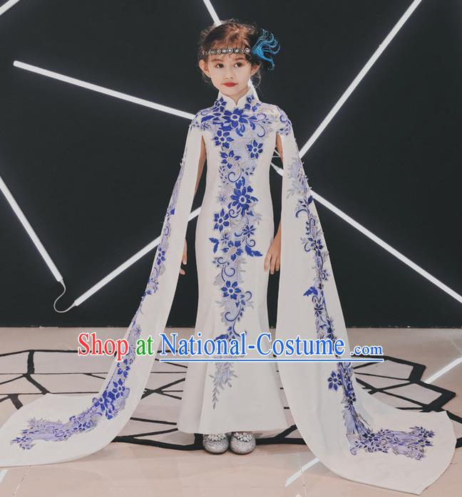 China Children Classical Dance Embroidered Qipao Dress Compere Trailing Dress Girl Catwalks Clothing Stage Performance Garment Costume