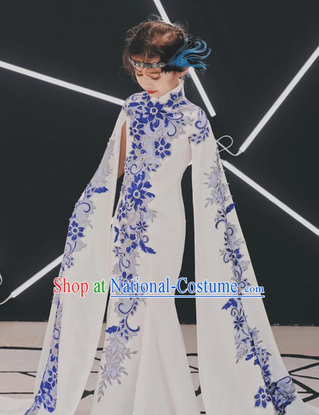 China Children Classical Dance Embroidered Qipao Dress Compere Trailing Dress Girl Catwalks Clothing Stage Performance Garment Costume