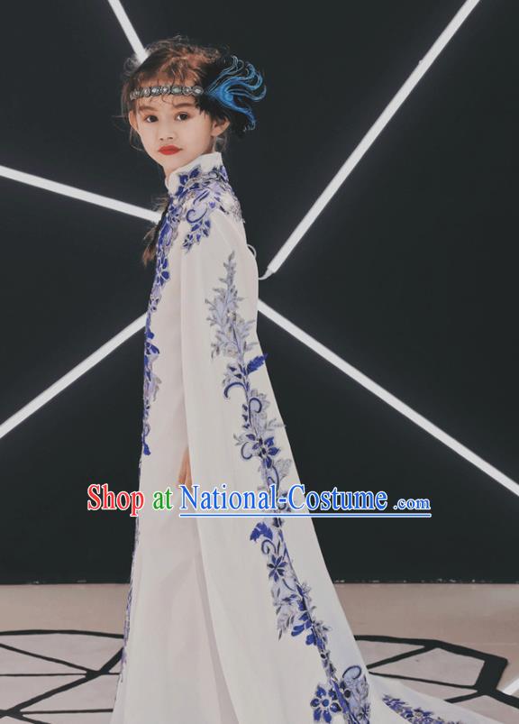 China Children Classical Dance Embroidered Qipao Dress Compere Trailing Dress Girl Catwalks Clothing Stage Performance Garment Costume