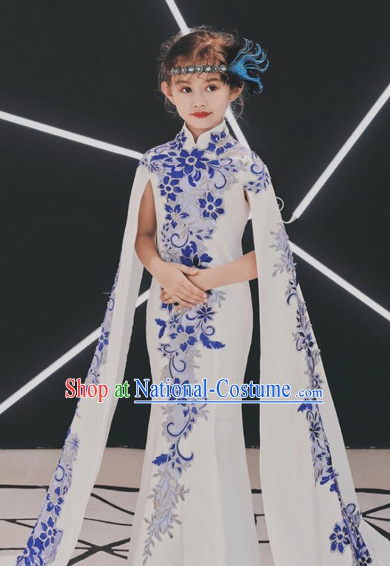 China Children Classical Dance Embroidered Qipao Dress Compere Trailing Dress Girl Catwalks Clothing Stage Performance Garment Costume