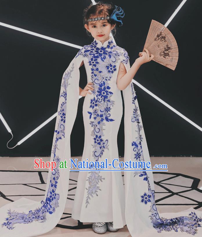 China Children Classical Dance Embroidered Qipao Dress Compere Trailing Dress Girl Catwalks Clothing Stage Performance Garment Costume