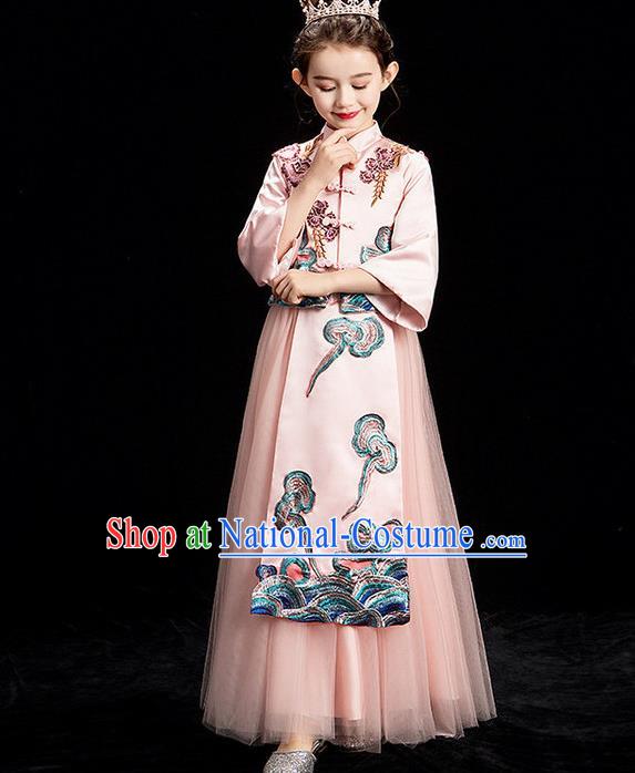 China Girl Catwalks Pink Formal Dress Stage Performance Clothing Children Classical Xiuhe Suits Compere Garment Costume