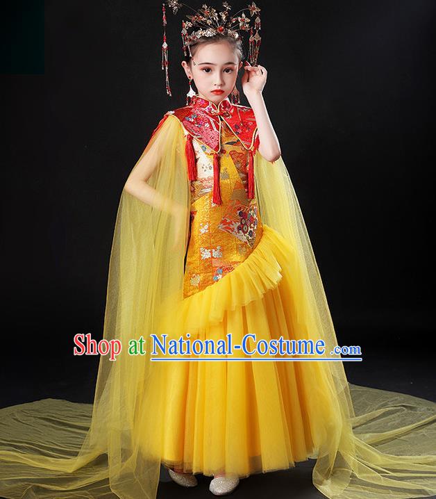 China Compere Garment Costume Girl Catwalks Yellow Formal Dress Stage Performance Clothing Children Classical Uniforms