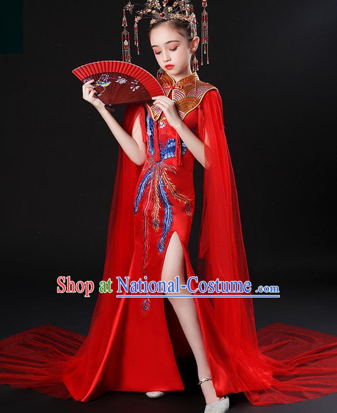 China Children Classical Red Embroidered Phoenix Uniforms Compere Garment Costume Girl Catwalks Formal Dress Stage Performance Clothing