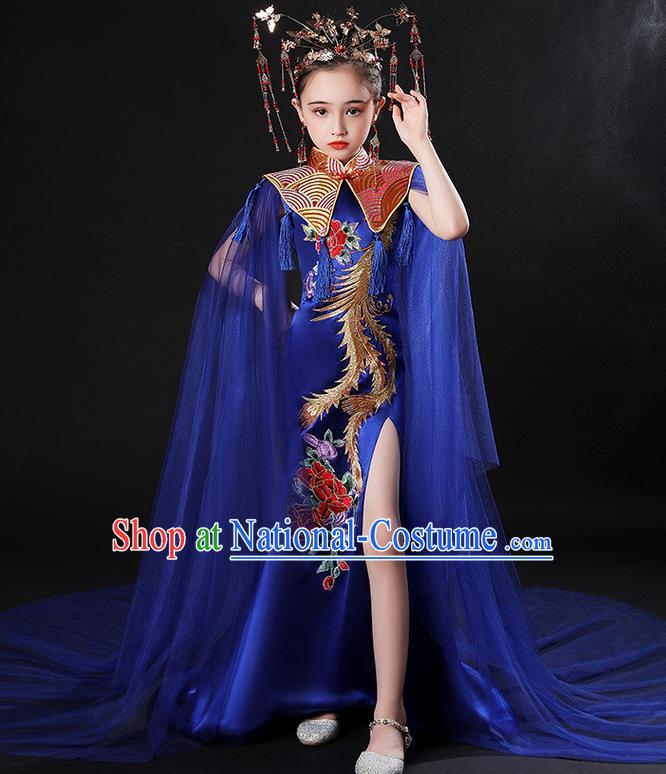 China Stage Performance Clothing Children Classical Embroidered Phoenix Royalblue Uniforms Compere Garment Costume Girl Catwalks Formal Dress