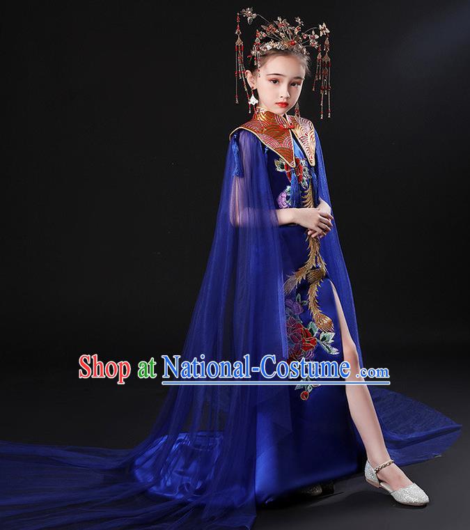 China Stage Performance Clothing Children Classical Embroidered Phoenix Royalblue Uniforms Compere Garment Costume Girl Catwalks Formal Dress