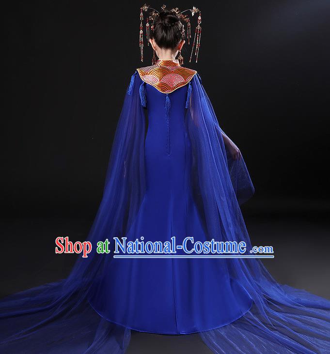 China Stage Performance Clothing Children Classical Embroidered Phoenix Royalblue Uniforms Compere Garment Costume Girl Catwalks Formal Dress