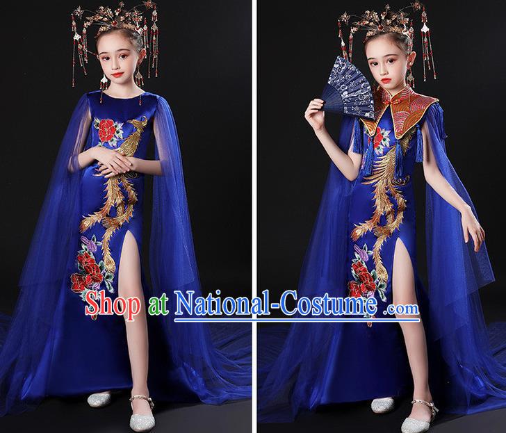 China Stage Performance Clothing Children Classical Embroidered Phoenix Royalblue Uniforms Compere Garment Costume Girl Catwalks Formal Dress