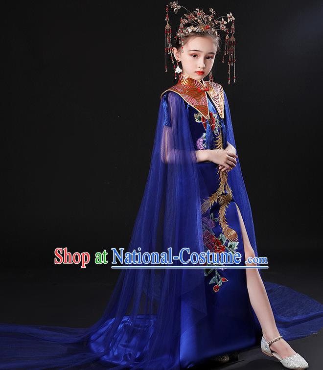 China Stage Performance Clothing Children Classical Embroidered Phoenix Royalblue Uniforms Compere Garment Costume Girl Catwalks Formal Dress