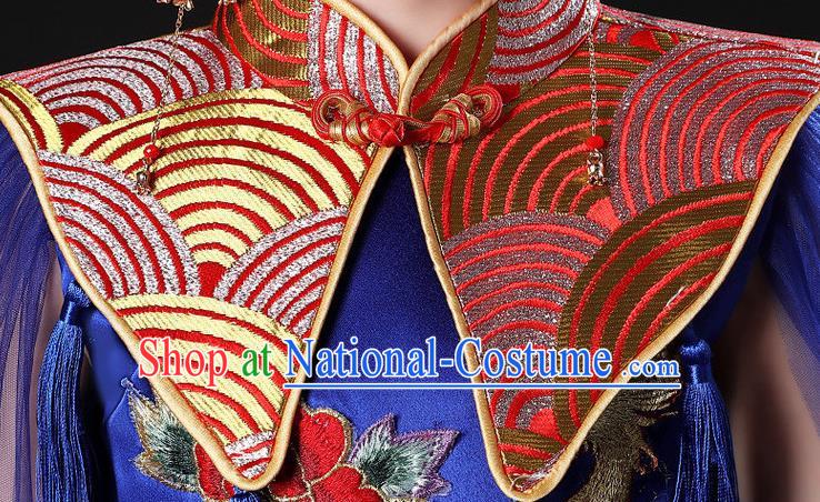 China Stage Performance Clothing Children Classical Embroidered Phoenix Royalblue Uniforms Compere Garment Costume Girl Catwalks Formal Dress