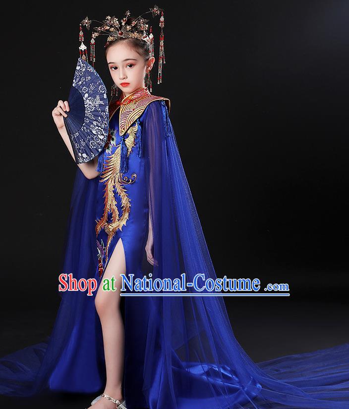 China Stage Performance Clothing Children Classical Embroidered Phoenix Royalblue Uniforms Compere Garment Costume Girl Catwalks Formal Dress