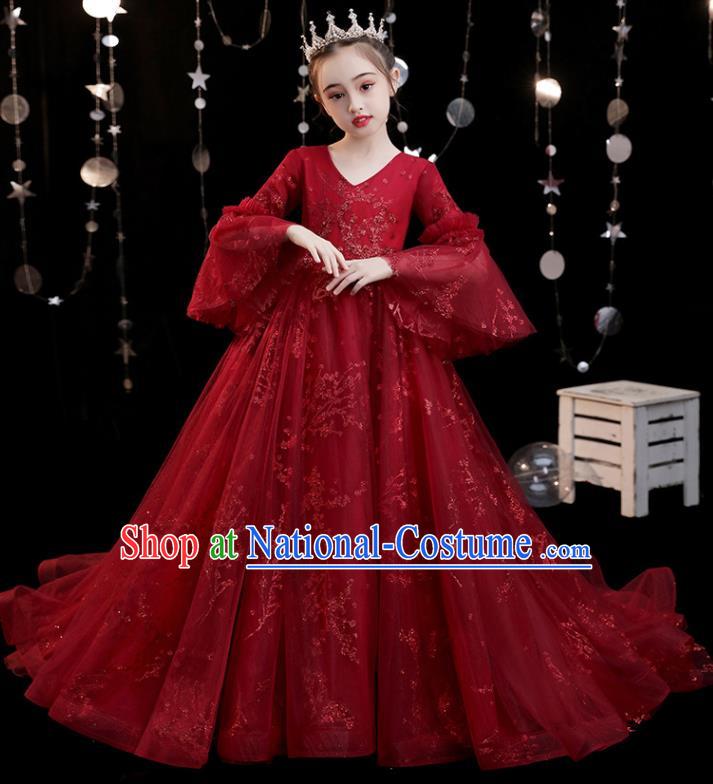 Custom Compere Fashion Clothing Girl Stage Show Red Trailing Dress Catwalks Full Dress Children Birthday Garment