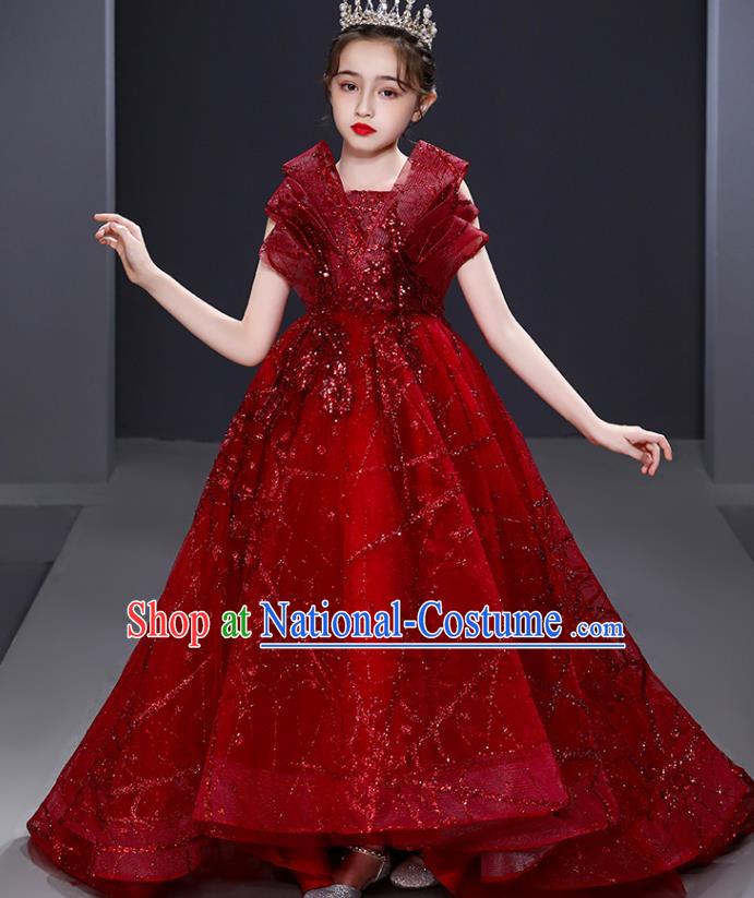 Custom Children Birthday Garment Compere Fashion Clothing Girl Stage Show Red Trailing Dress Catwalks Full Dress