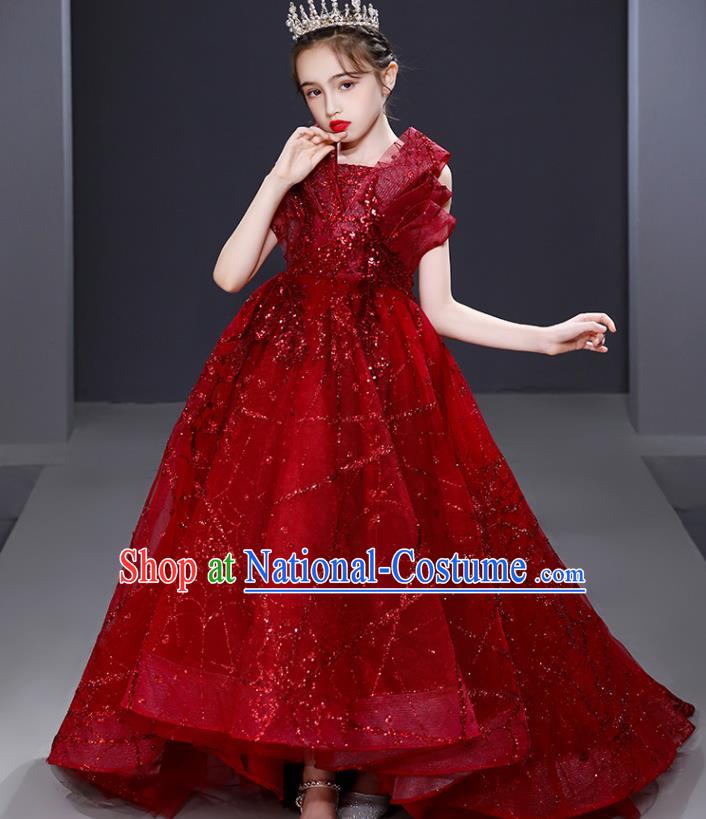 Custom Children Birthday Garment Compere Fashion Clothing Girl Stage Show Red Trailing Dress Catwalks Full Dress