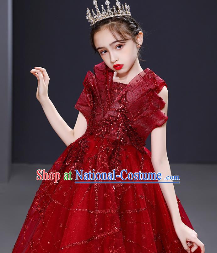 Custom Children Birthday Garment Compere Fashion Clothing Girl Stage Show Red Trailing Dress Catwalks Full Dress