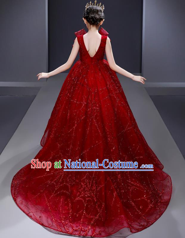 Custom Children Birthday Garment Compere Fashion Clothing Girl Stage Show Red Trailing Dress Catwalks Full Dress