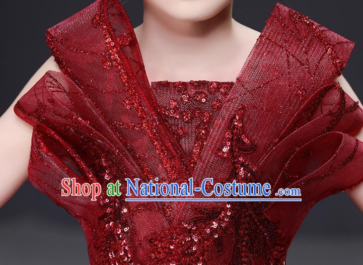 Custom Children Birthday Garment Compere Fashion Clothing Girl Stage Show Red Trailing Dress Catwalks Full Dress