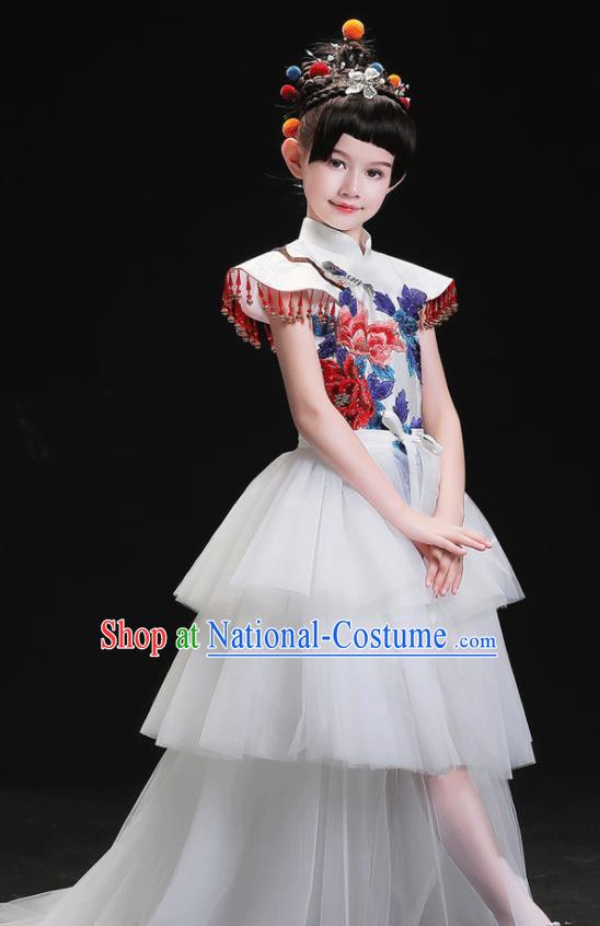 China Compere Garment Costumes Girl Catwalks Fashion Stage Performance Clothing Children White Veil Trailing Dress Uniforms