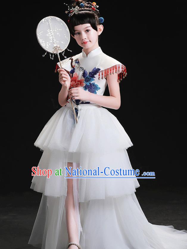 China Compere Garment Costumes Girl Catwalks Fashion Stage Performance Clothing Children White Veil Trailing Dress Uniforms