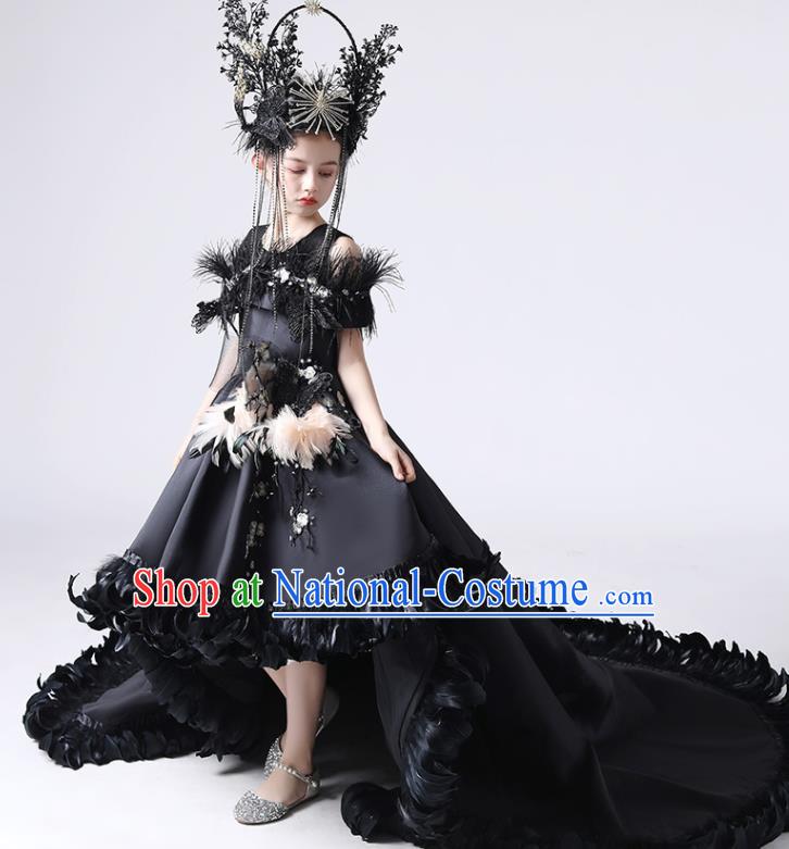 Custom Children Catwalks Trailing Full Dress Birthday Garment Compere Fashion Clothing Girl Stage Show Black Dress