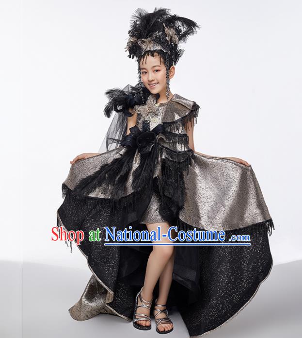 Custom Girl Stage Show Black Dress Children Catwalks Full Dress Baroque Birthday Garment Compere Fashion Clothing