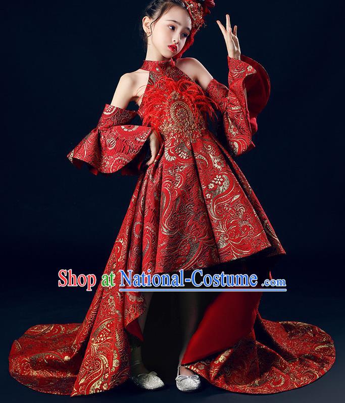 Custom Catwalks Princess Full Dress Children Dancewear Girl Compere Fashion Clothing Stage Show Red Trailing Dress