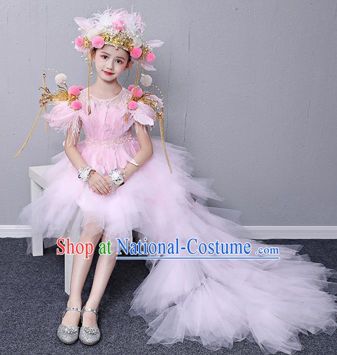 Custom Compere Feather Fashion Clothing Girl Stage Show Pink Veil Trailing Dress Catwalks Full Dress Children Birthday Garment