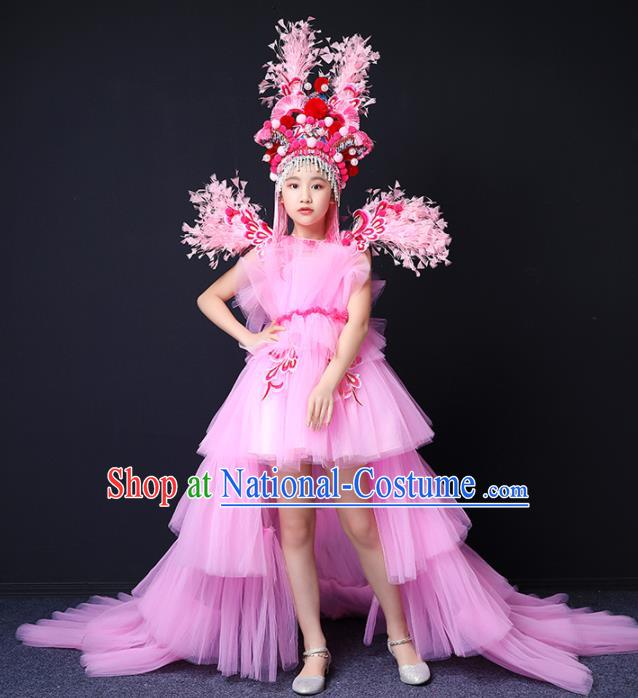 Custom Children Birthday Garment Compere Fashion Clothing Girl Stage Show Pink Veil Trailing Dress Catwalks Full Dress