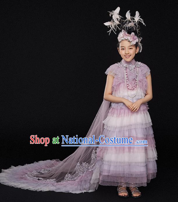 Custom Catwalks Princess Full Dress Children Birthday Garment Compere Fashion Clothing Girl Stage Show Lilac Veil Dress