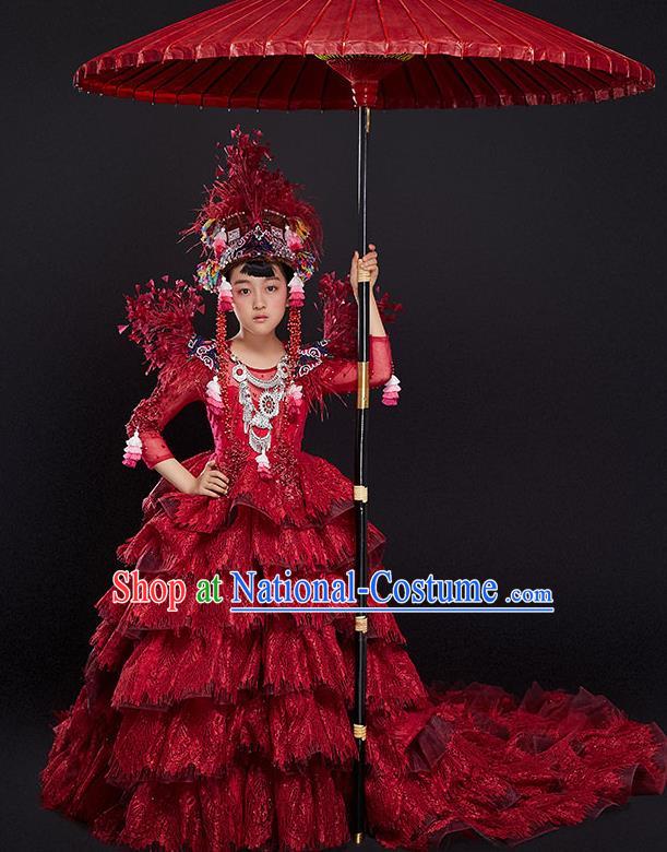 Custom Girl Stage Show Red Trailing Dress Catwalks Princess Full Dress Children Birthday Garment Compere Fashion Clothing