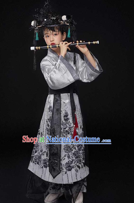 Top Chinese Boys Stage Show Tang Suits Kid Catwalks Grey Robe Uniforms Children Scholar Performance Apparels