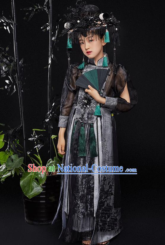 China Children Performance Clothing Classical Dance Black Dress Uniforms Compere Garment Costumes Girl Catwalks Fashion