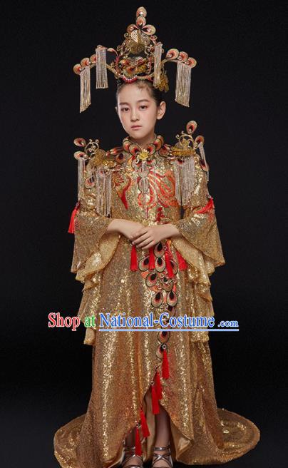 China Girl Catwalks Fashion Children Performance Clothing Classical Dance Golden Trailing Dress Uniforms Compere Garment Costumes