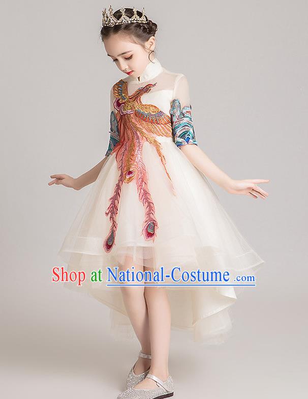 Custom Stage Show Embroidered Phoenix Dress Catwalks Princess Beige Full Dress Children Dancewear Girl Compere Fashion Clothing