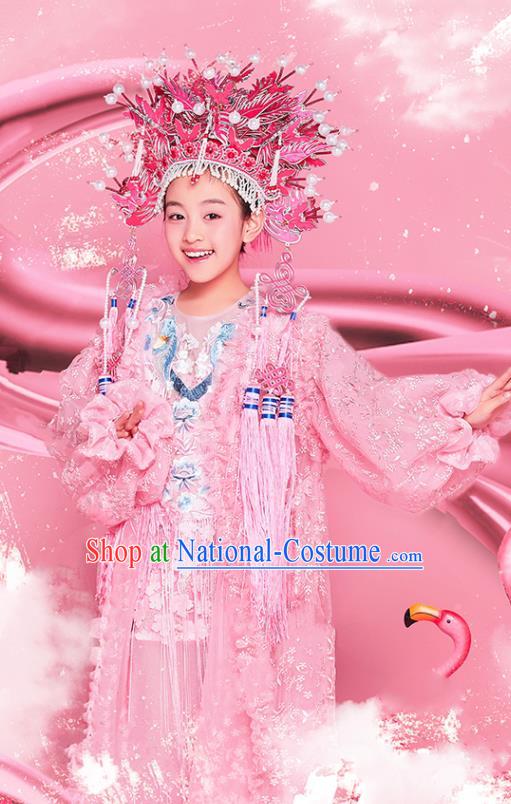 China Compere Garment Costumes Girl Catwalks Fashion Children Performance Clothing Classical Dance Pink Dress and Headdress