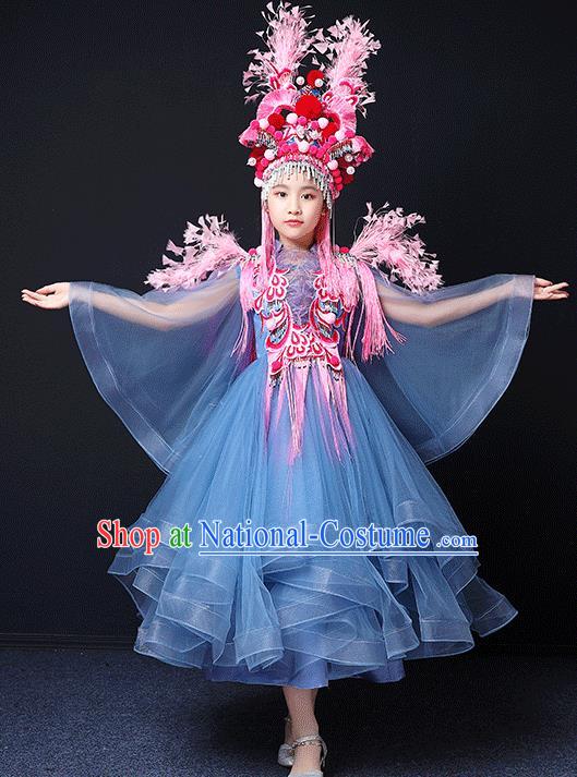 Custom Children Birthday Performance Garment Compere Fashion Clothing Girl Stage Show Blue Dress Catwalks Princess Full Dress