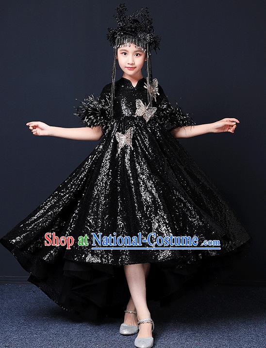 Custom Catwalks Princess Black Full Dress Children Birthday Performance Garment Compere Fashion Clothing Girl Stage Show Trailing Dress