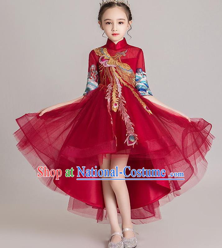 Custom Girl Compere Fashion Clothing Stage Show Embroidered Phoenix Dress Catwalks Princess Wine Red Full Dress Children Dancewear